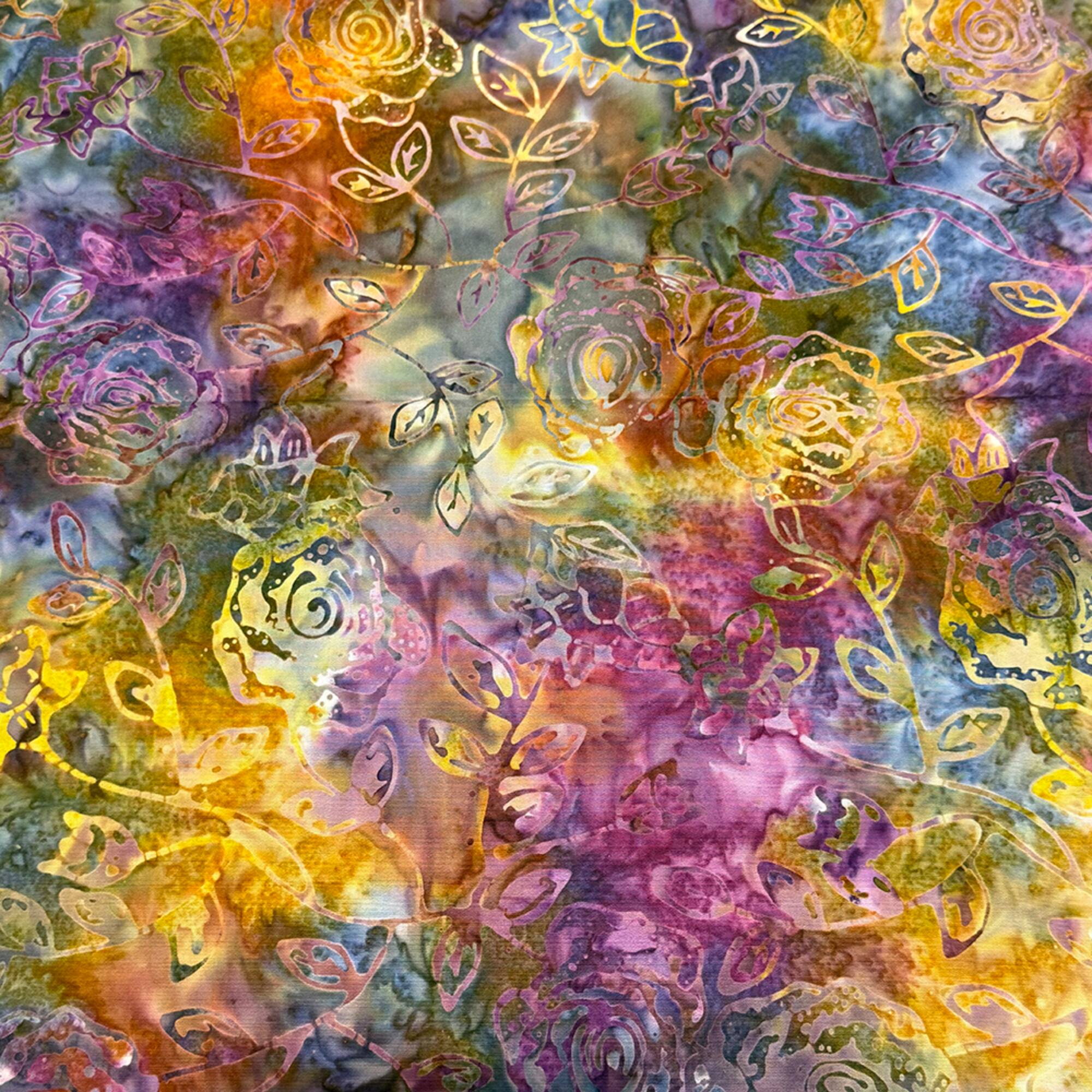 Feldman Batik Raspberry Lavender Tonal Stamp Rose Cotton Fabric